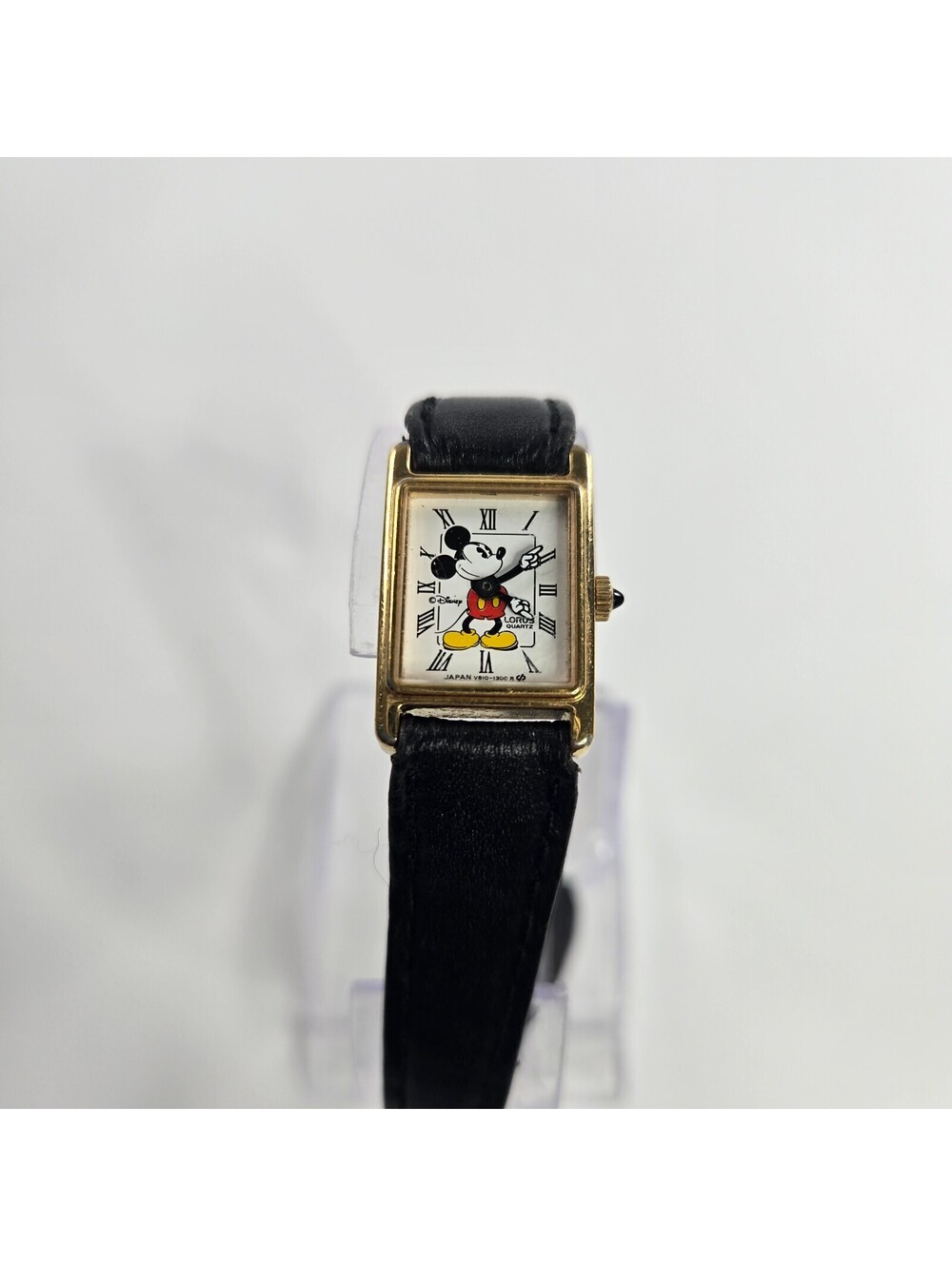 Vintage Lorus Mickey Mouse Disney Quartz Tank Watch Black Leather Japan
